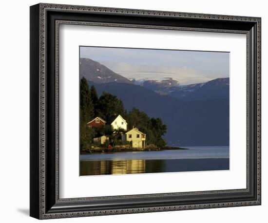 Mountain and Houses Reflecting in Fjord Waters, Norway-Michele Molinari-Framed Photographic Print