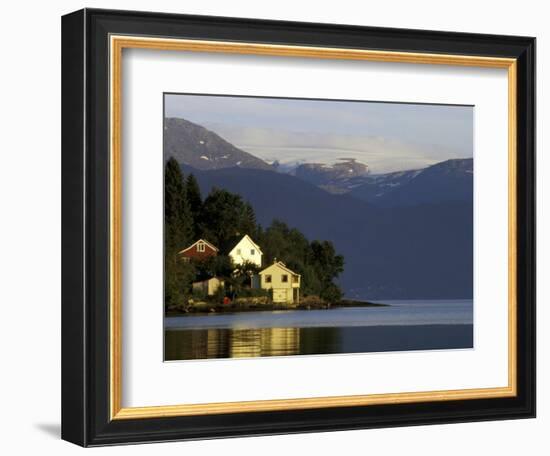 Mountain and Houses Reflecting in Fjord Waters, Norway-Michele Molinari-Framed Photographic Print