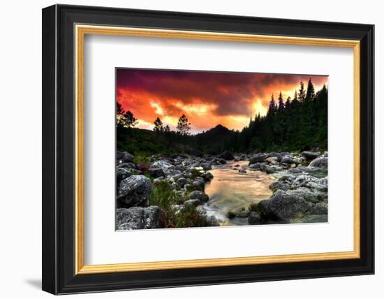 Mountain and River at Sunset-null-Framed Premium Giclee Print