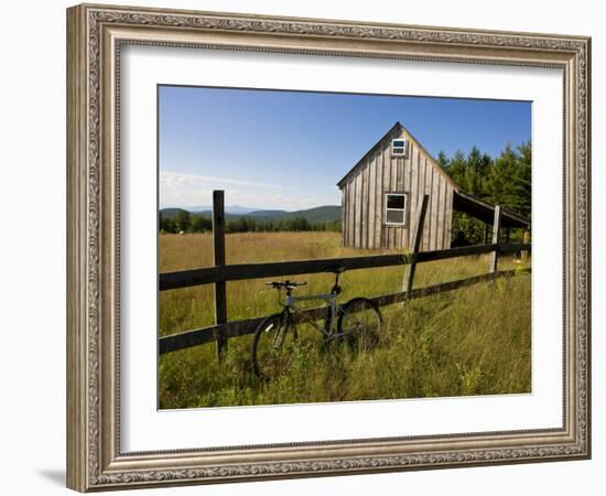 Mountain bike and barn on Birch Hill, New Durham, New Hampshire, USA-Jerry & Marcy Monkman-Framed Photographic Print