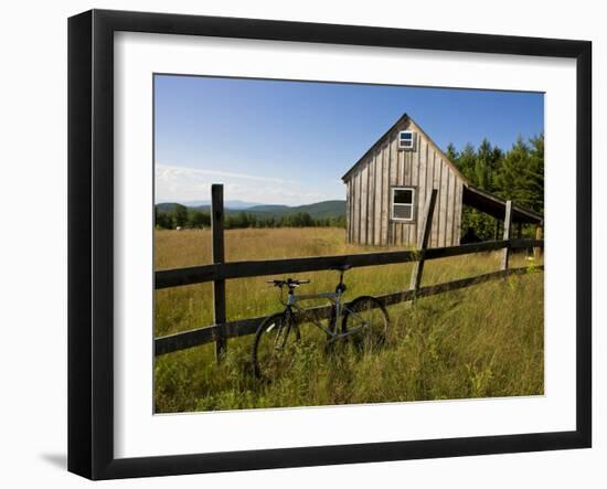 Mountain bike and barn on Birch Hill, New Durham, New Hampshire, USA-Jerry & Marcy Monkman-Framed Photographic Print