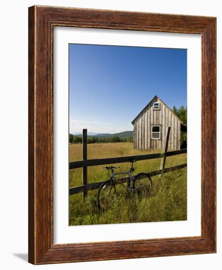 Mountain bike and barn on Birch Hill, New Durham, New Hampshire, USA-Jerry & Marcy Monkman-Framed Photographic Print