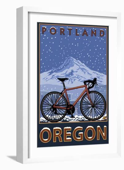 Mountain Bike in Snow - Portland, Oregon-Lantern Press-Framed Art Print