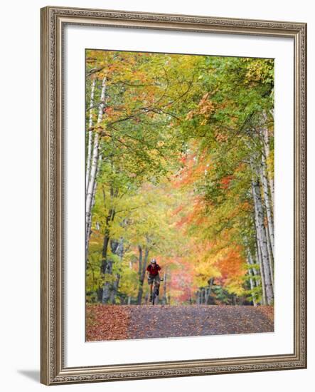 Mountain Biker on Forest Road near Copper Harbor, Michigan, USA-Chuck Haney-Framed Photographic Print