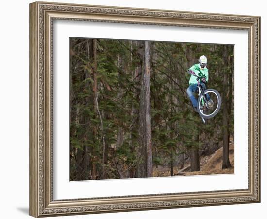 Mountain Biker on Malice in Plunderland Trail, Spencer Mountain, Whitefish, Montana, USA-Chuck Haney-Framed Photographic Print