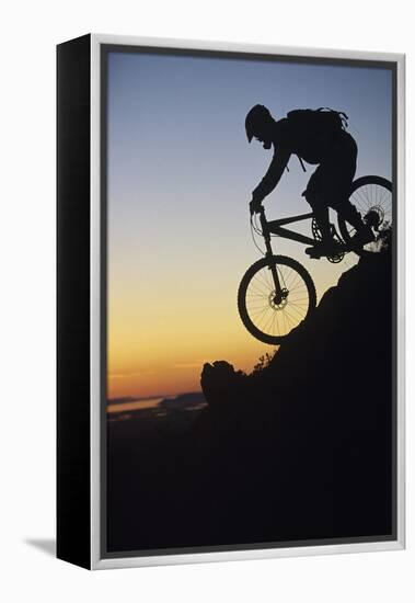 Mountain Biker Riding Down Slope-null-Framed Stretched Canvas