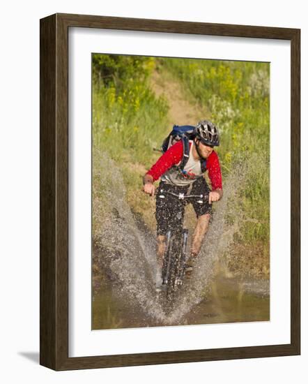 Mountain Biker Splashes Through Andrews Creek, Maah Daah Hey Trail in Medora, North Dakota, USA-Chuck Haney-Framed Photographic Print