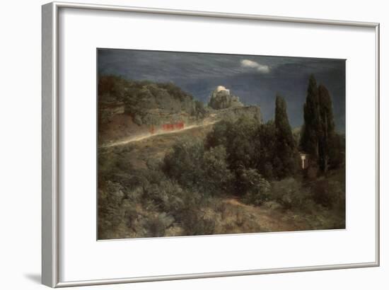 Mountain Castle With Warriors-Arnold Bocklin-Framed Giclee Print