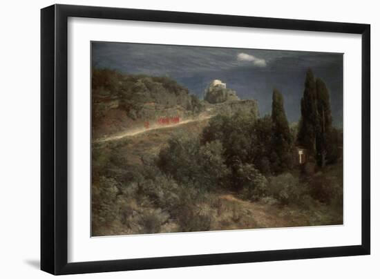 Mountain Castle With Warriors-Arnold Bocklin-Framed Giclee Print