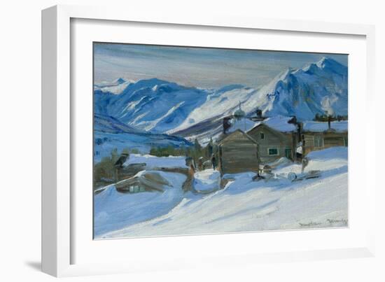 Mountain farm in snow landscape-Karl K. Uchermann-Framed Giclee Print