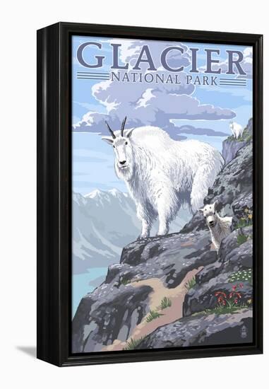 Mountain Goat and Kid - Glacier National Park, Montana-Lantern Press-Framed Stretched Canvas