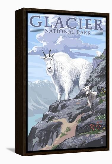 Mountain Goat and Kid - Glacier National Park, Montana-Lantern Press-Framed Stretched Canvas