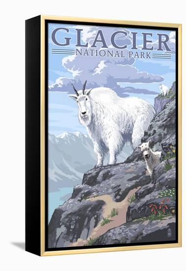 Mountain Goat and Kid - Glacier National Park, Montana-Lantern Press-Framed Stretched Canvas