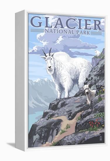 Mountain Goat and Kid - Glacier National Park, Montana-Lantern Press-Framed Stretched Canvas