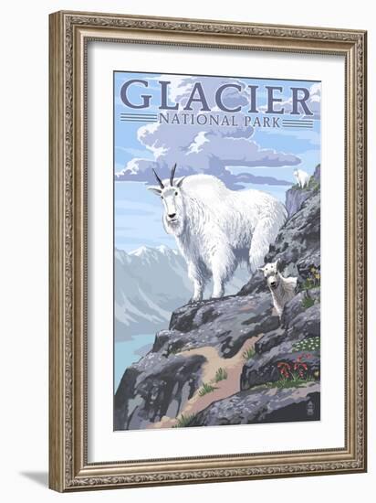 Mountain Goat and Kid - Glacier National Park, Montana-Lantern Press-Framed Art Print