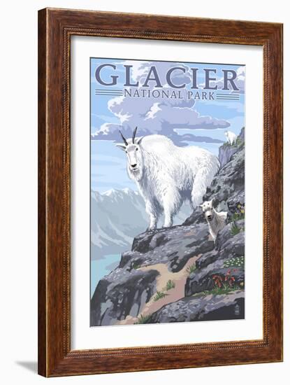 Mountain Goat and Kid - Glacier National Park, Montana-Lantern Press-Framed Art Print