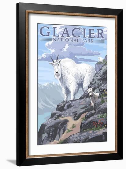 Mountain Goat and Kid - Glacier National Park, Montana-Lantern Press-Framed Art Print