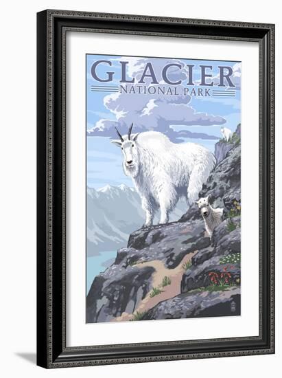 Mountain Goat and Kid - Glacier National Park, Montana-Lantern Press-Framed Art Print