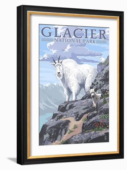 Mountain Goat and Kid - Glacier National Park, Montana-Lantern Press-Framed Art Print