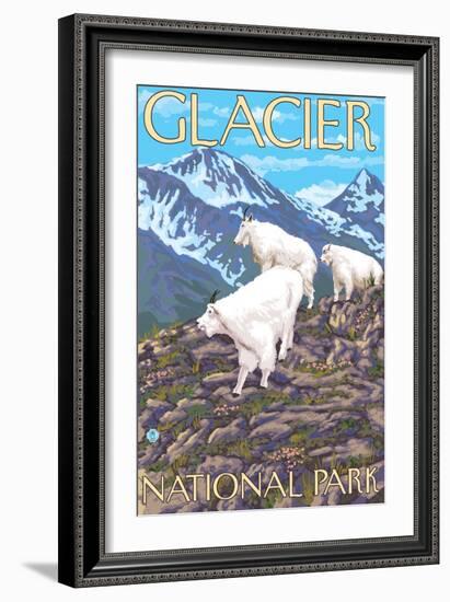 Mountain Goats Scene, Glacier National Park, Montana-Lantern Press-Framed Art Print