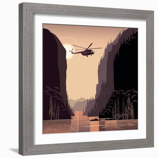 Mountain Landscape and Helicopter. Taiga. Evening Light Sunset. Illustration about Expedition.-Rustic-Framed Art Print