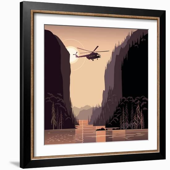 Mountain Landscape and Helicopter. Taiga. Evening Light Sunset. Illustration about Expedition.-Rustic-Framed Art Print