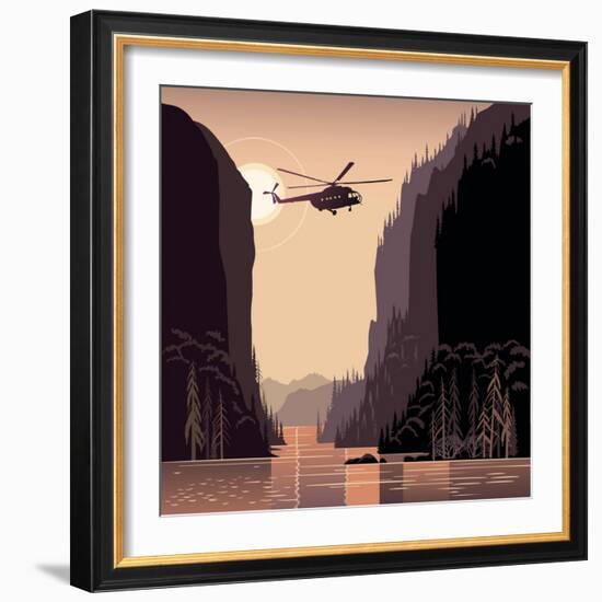 Mountain Landscape and Helicopter. Taiga. Evening Light Sunset. Illustration about Expedition.-Rustic-Framed Art Print