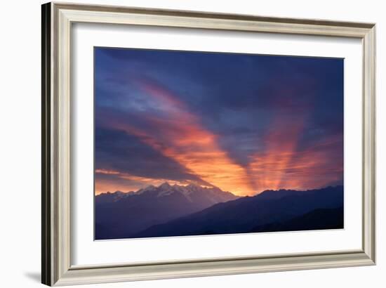 Mountain Landscape at Dawn. Beautiful Sky with Sunbeams and Clouds. View from Mount Mkheer. Zemo Sv-Kotenko-Framed Photographic Print