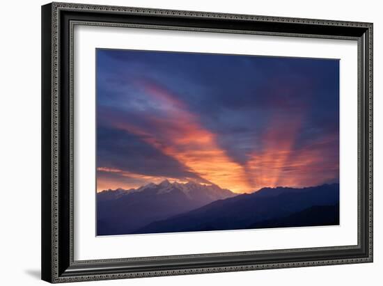 Mountain Landscape at Dawn. Beautiful Sky with Sunbeams and Clouds. View from Mount Mkheer. Zemo Sv-Kotenko-Framed Photographic Print