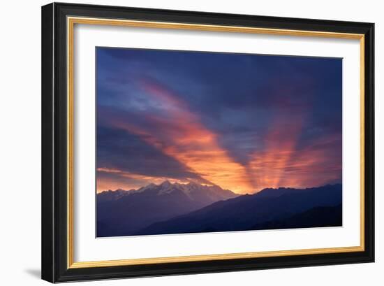 Mountain Landscape at Dawn. Beautiful Sky with Sunbeams and Clouds. View from Mount Mkheer. Zemo Sv-Kotenko-Framed Photographic Print