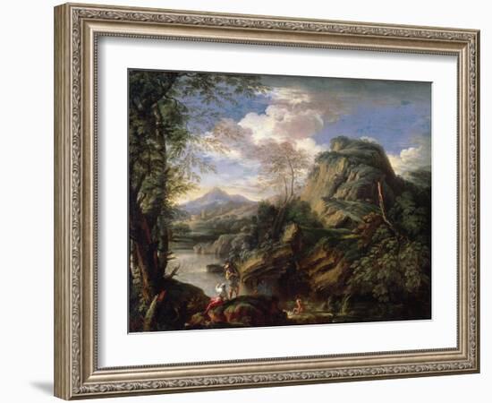 Mountain Landscape with Figures and a Man Bathing-Salvator Rosa-Framed Giclee Print