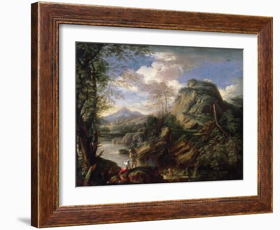 Mountain Landscape with Figures and a Man Bathing-Salvator Rosa-Framed Giclee Print