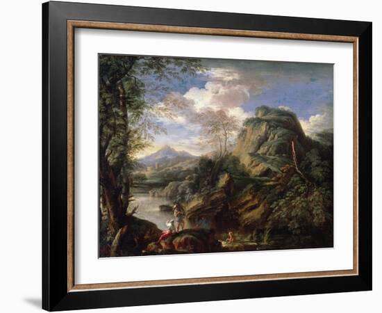 Mountain Landscape with Figures and a Man Bathing-Salvator Rosa-Framed Giclee Print