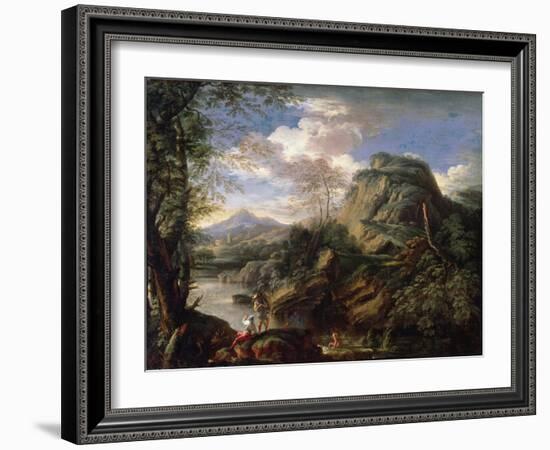 Mountain Landscape with Figures and a Man Bathing-Salvator Rosa-Framed Giclee Print