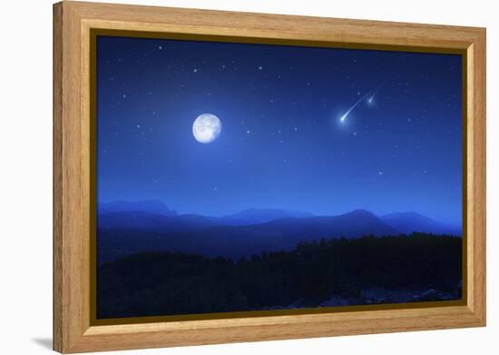 Mountain Range on a Misty Night with Moon and Starry Sky-null-Framed Premier Image Canvas