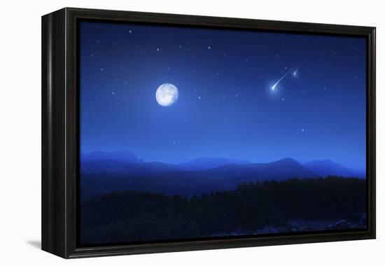 Mountain Range on a Misty Night with Moon and Starry Sky-null-Framed Premier Image Canvas