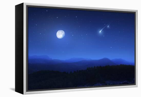 Mountain Range on a Misty Night with Moon and Starry Sky-null-Framed Premier Image Canvas