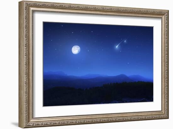 Mountain Range on a Misty Night with Moon and Starry Sky-null-Framed Photographic Print
