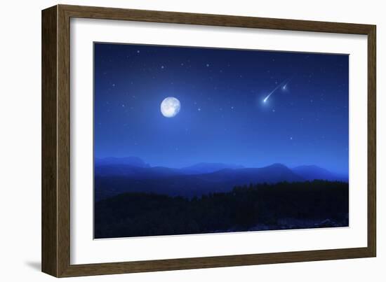 Mountain Range on a Misty Night with Moon and Starry Sky-null-Framed Photographic Print