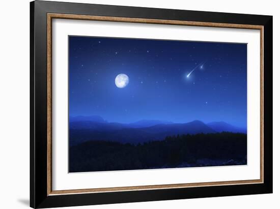 Mountain Range on a Misty Night with Moon and Starry Sky-null-Framed Photographic Print