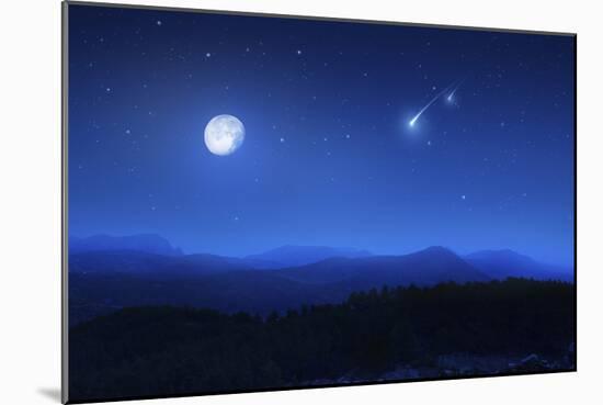 Mountain Range on a Misty Night with Moon and Starry Sky-null-Mounted Photographic Print