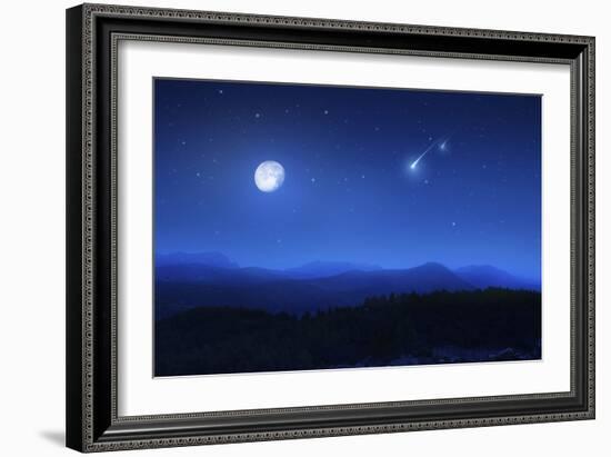 Mountain Range on a Misty Night with Moon and Starry Sky-null-Framed Photographic Print