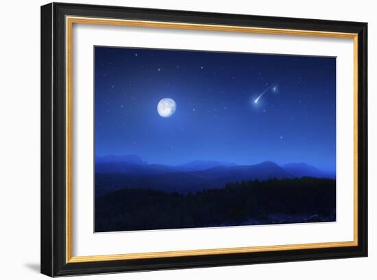 Mountain Range on a Misty Night with Moon and Starry Sky-null-Framed Photographic Print