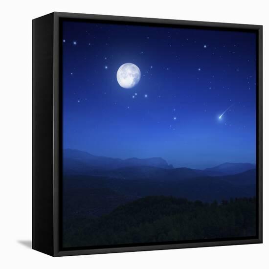 Mountain Range on a Misty Night with Moon, Starry Sky and Falling Meteorite-null-Framed Premier Image Canvas