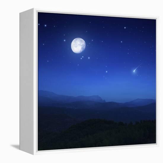 Mountain Range on a Misty Night with Moon, Starry Sky and Falling Meteorite-null-Framed Premier Image Canvas