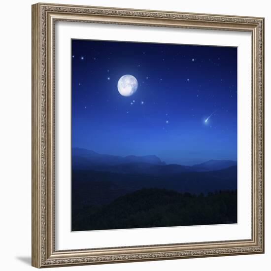 Mountain Range on a Misty Night with Moon, Starry Sky and Falling Meteorite-null-Framed Photographic Print