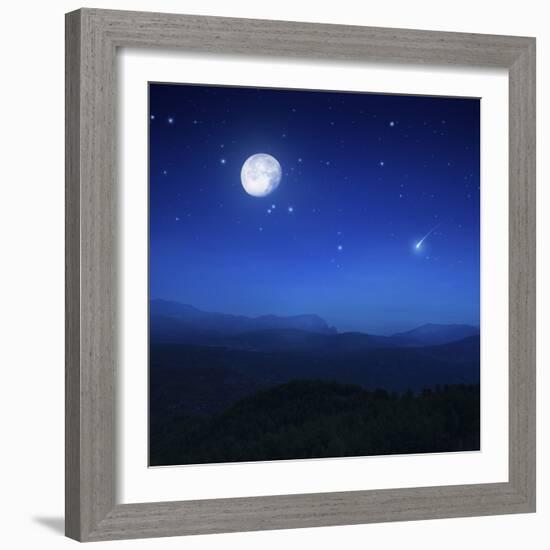 Mountain Range on a Misty Night with Moon, Starry Sky and Falling Meteorite-null-Framed Photographic Print