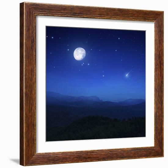 Mountain Range on a Misty Night with Moon, Starry Sky and Falling Meteorite-null-Framed Photographic Print
