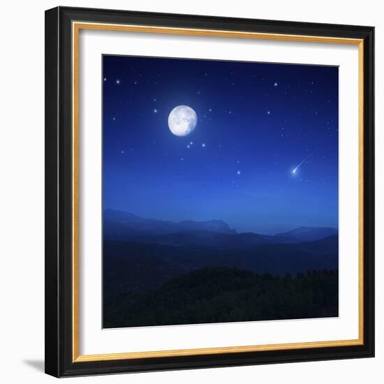 Mountain Range on a Misty Night with Moon, Starry Sky and Falling Meteorite-null-Framed Photographic Print