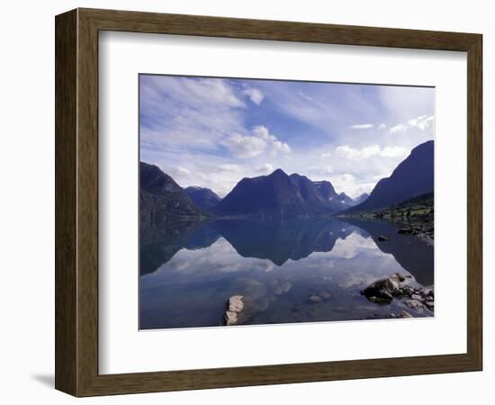 Mountain Reflecting in Fjord Waters, Norway-Michele Molinari-Framed Photographic Print
